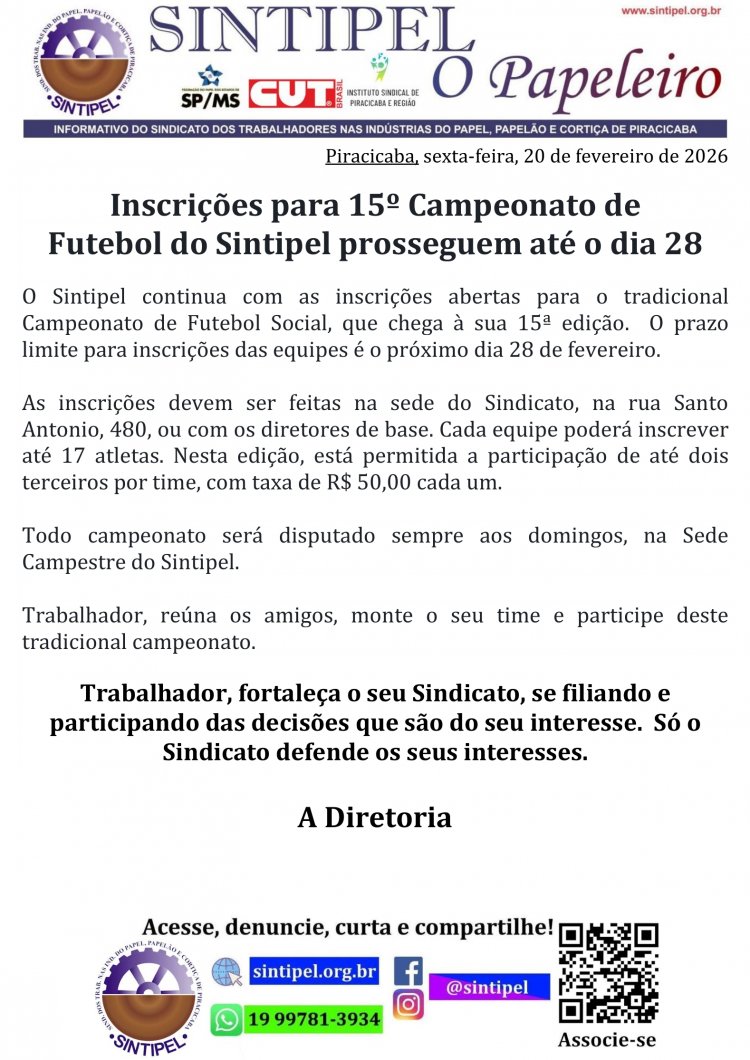 Inscrições para 15º Campeonato de Futebol do Sintipel prosseguem até o dia 28