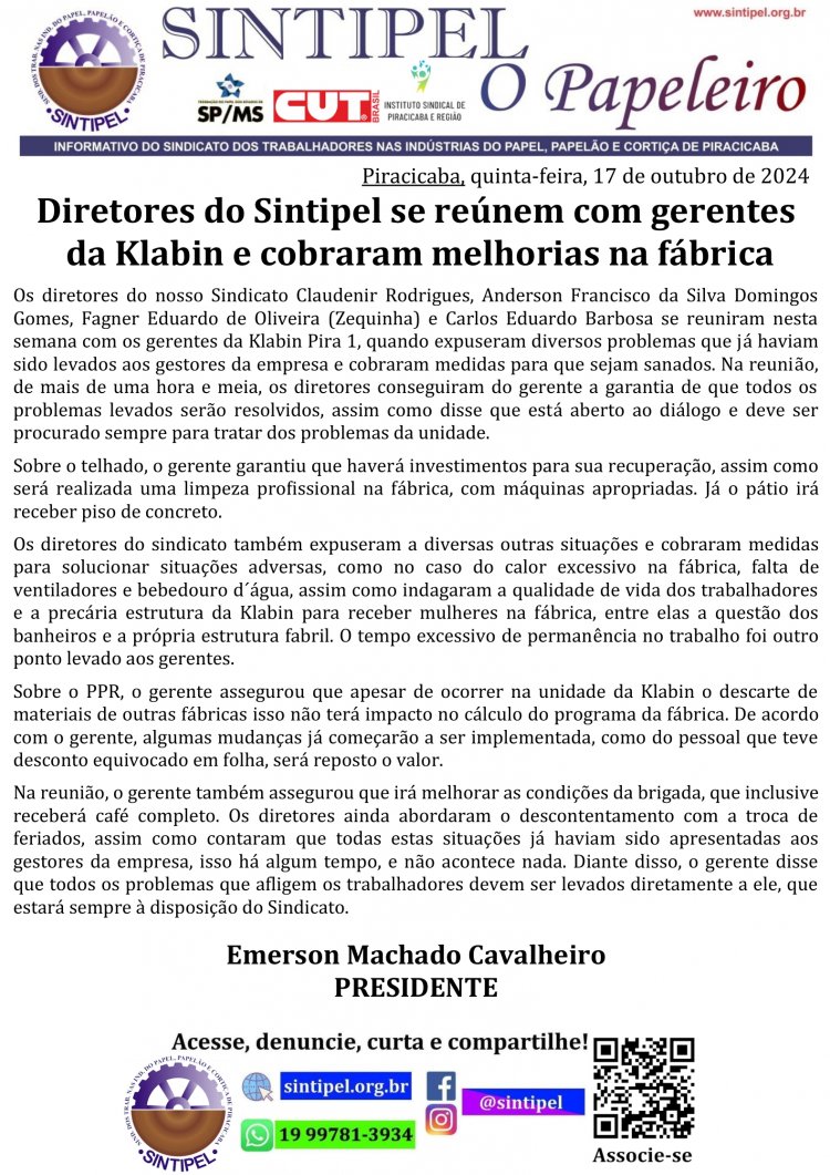 Diretores do Sintipel se reúnem com gerentes da Klabin e cobraram melhorias na