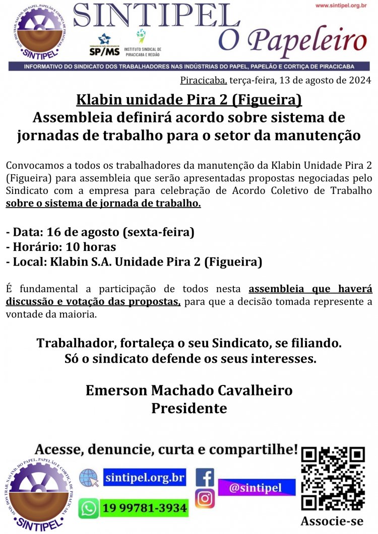 Klabin unidade Pira 2 (Figueira) Assembleia definirá acordo sobre