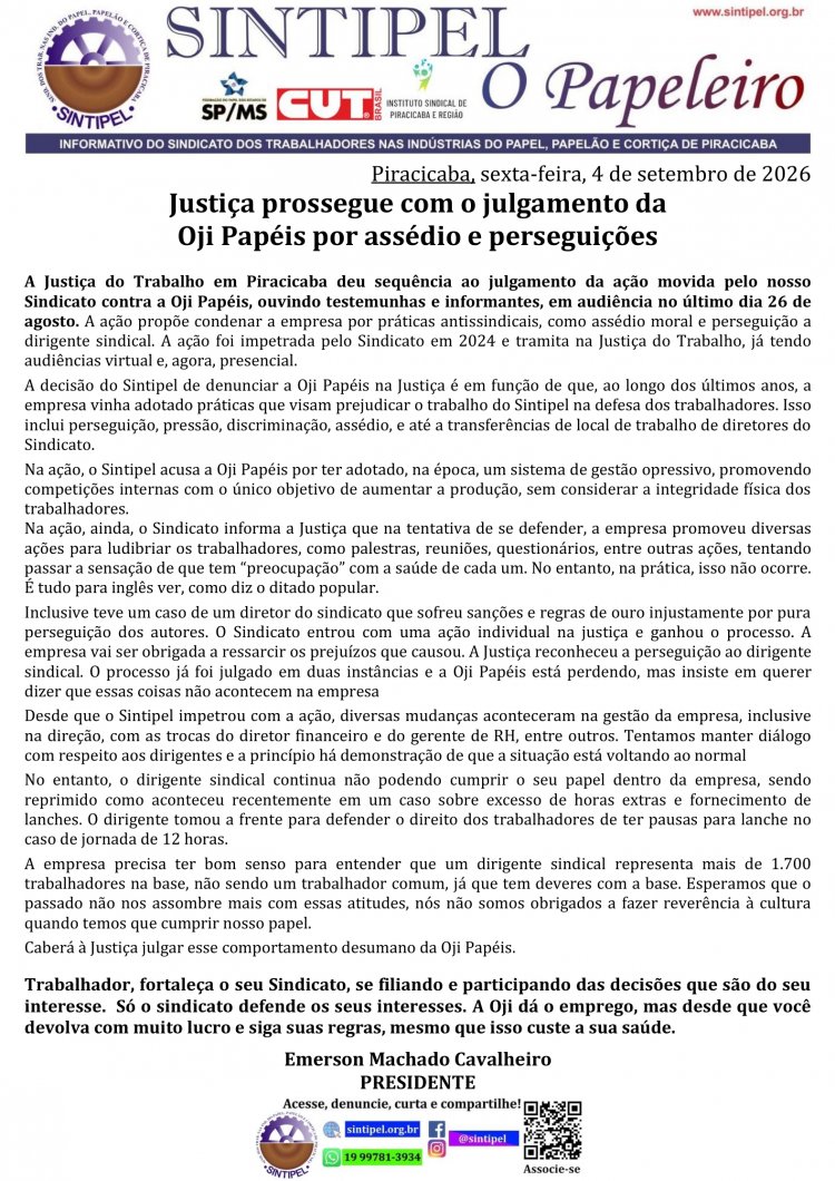Justiça prossegue com o julgamento da Oji Papéis por assédio e perseguições