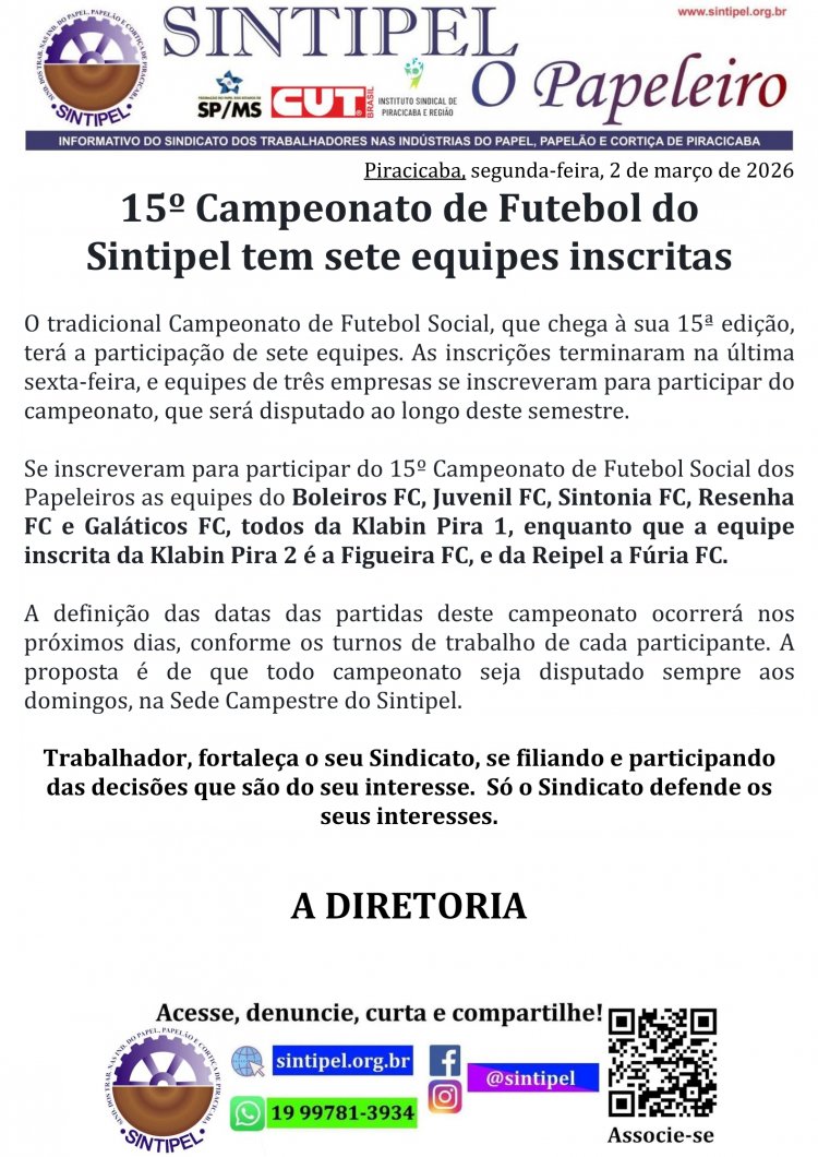 15º Campeonato de Futebol do Sintipel tem sete equipes inscritas