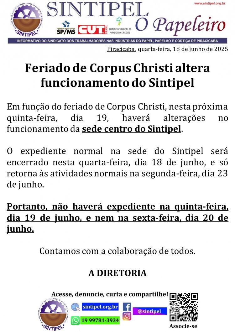 Feriado de Corpus Christi altera funcionamento do Sintipel