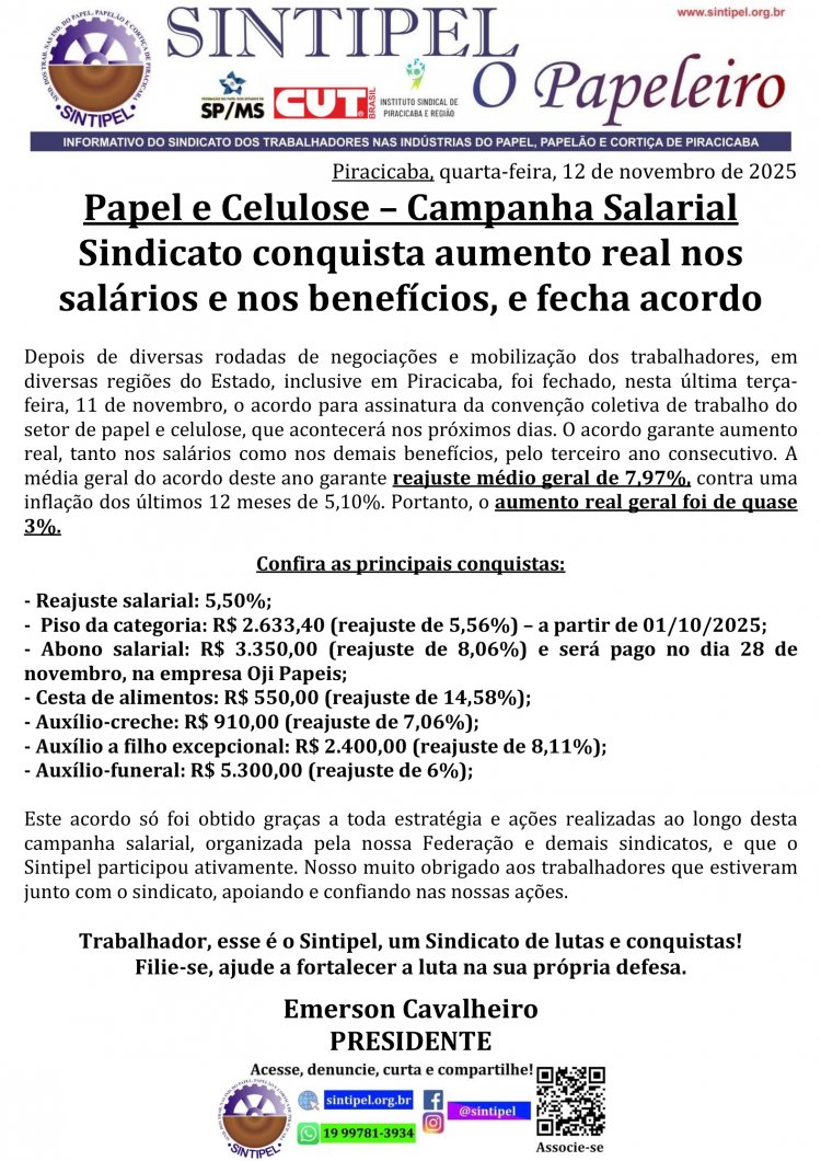 Papel e Celulose Campanha Salarial Sindicato conquista aumento real nos salários e nos benefícios, e fecha acordo
