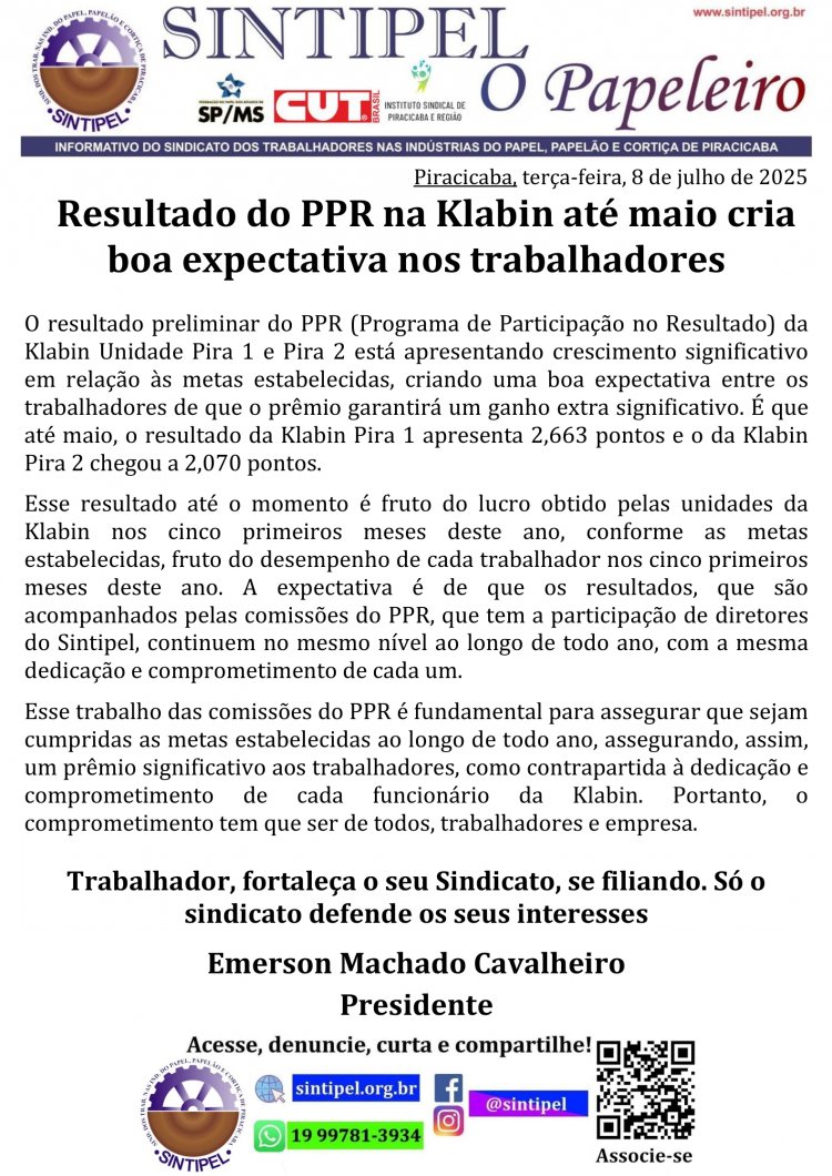 Resultado do PPR na Klabin até maio cria boa expectativa nos trabalhadores