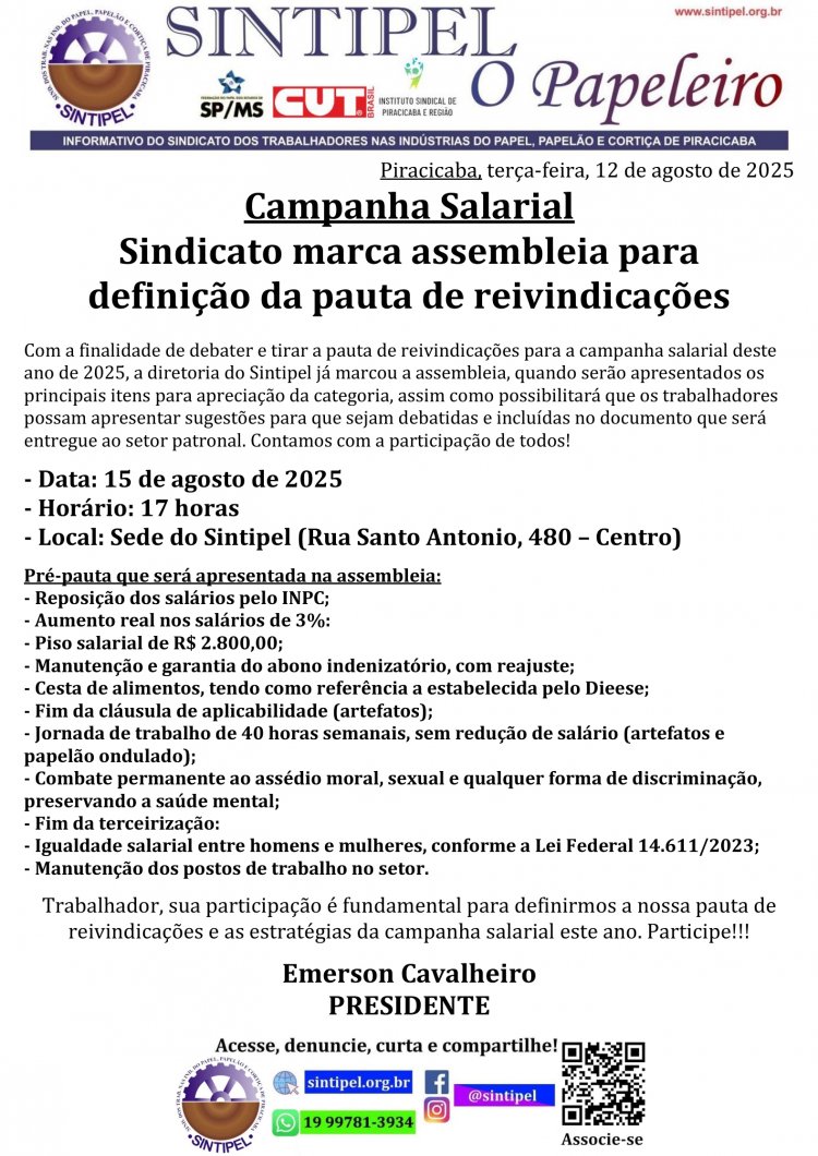 Campanha Salarial Sindicato marca assembleia para definição da pauta de reivindicações