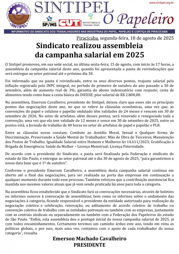 Sindicato realizou assembleia da campanha salarial em 2025