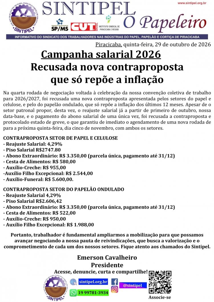Campanha Salarial 2026 Recusada nova contraproposta que só repõe a