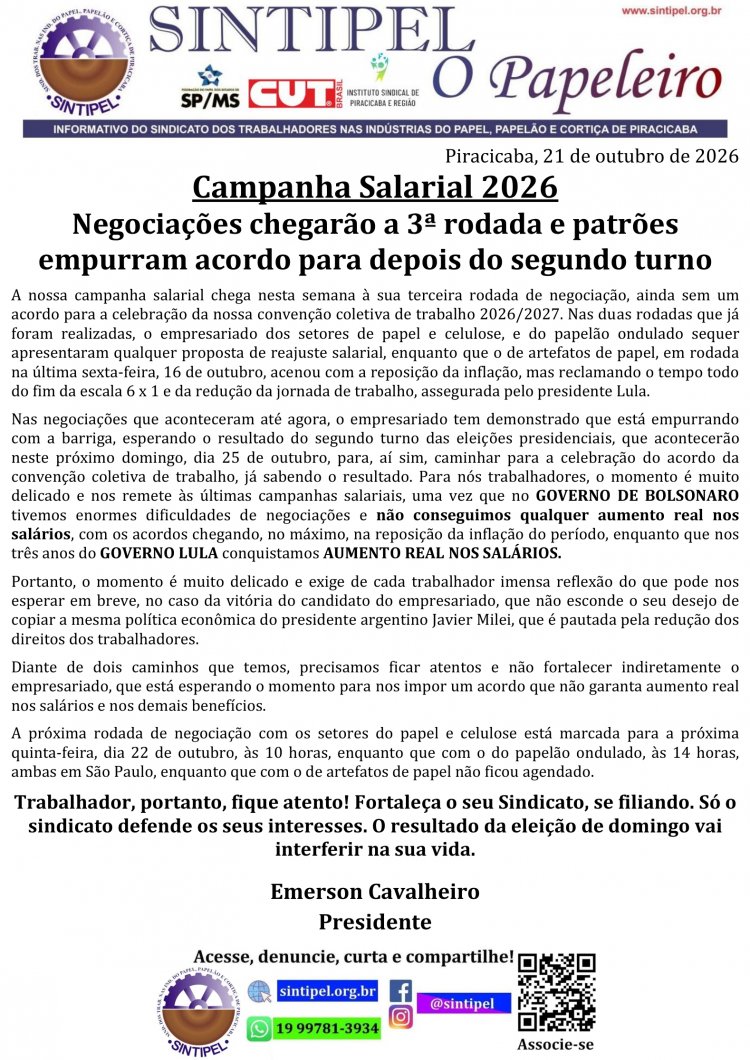 Campanha Salarial 2026 Negociações chegarão a 3ª rodada e patrões empurram acordo para depois do segundo turno