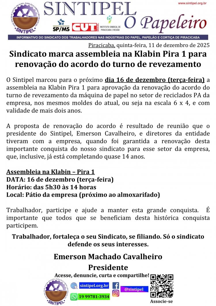 Sindicato marca assembleia na Klabin Pira 1 para renovação do acordo do turno de revezamento 