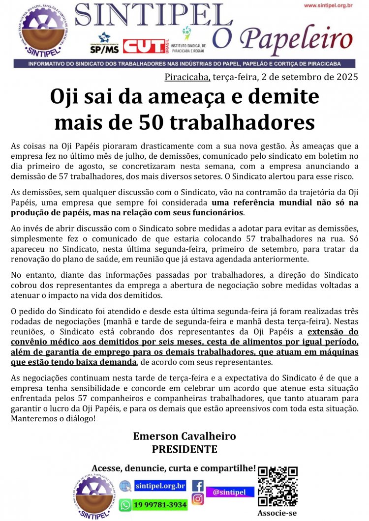 Oji sai da ameaça e demite mais de 50 trabalhadores