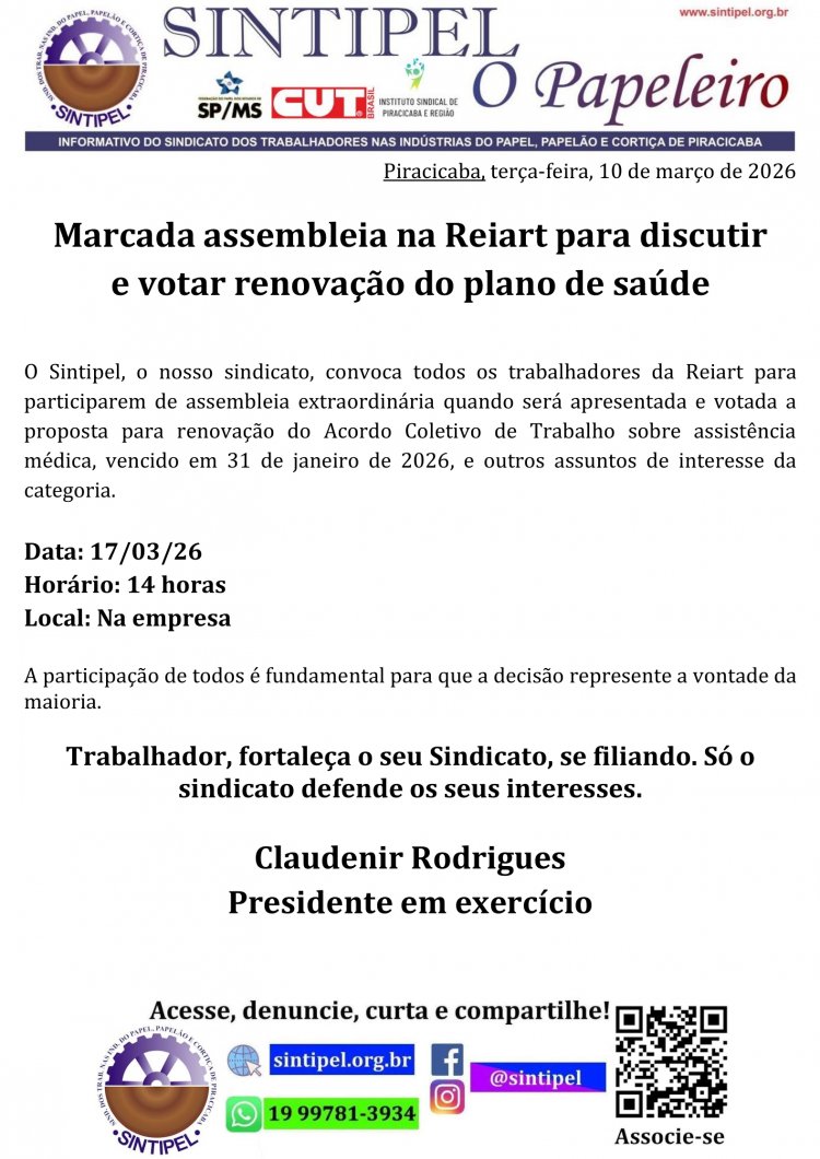 Marcada assembleia na Reiart para discutir e votar renovação do plano de saúde  