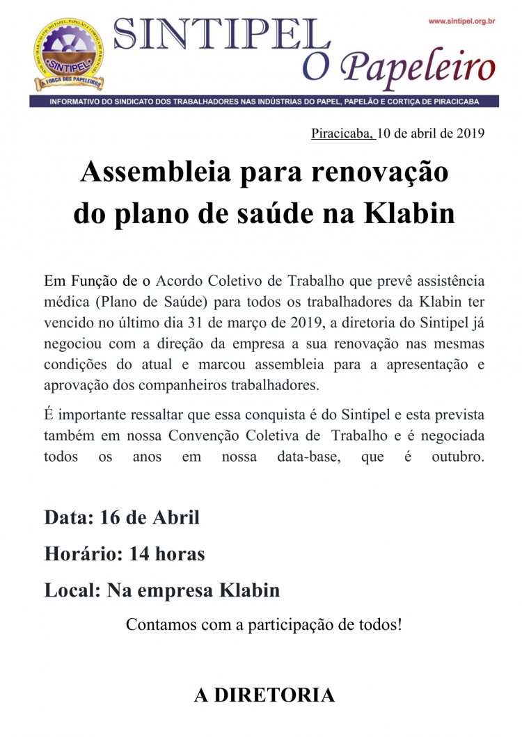 Assembleia para renovação do plano de saúde na Klabin
