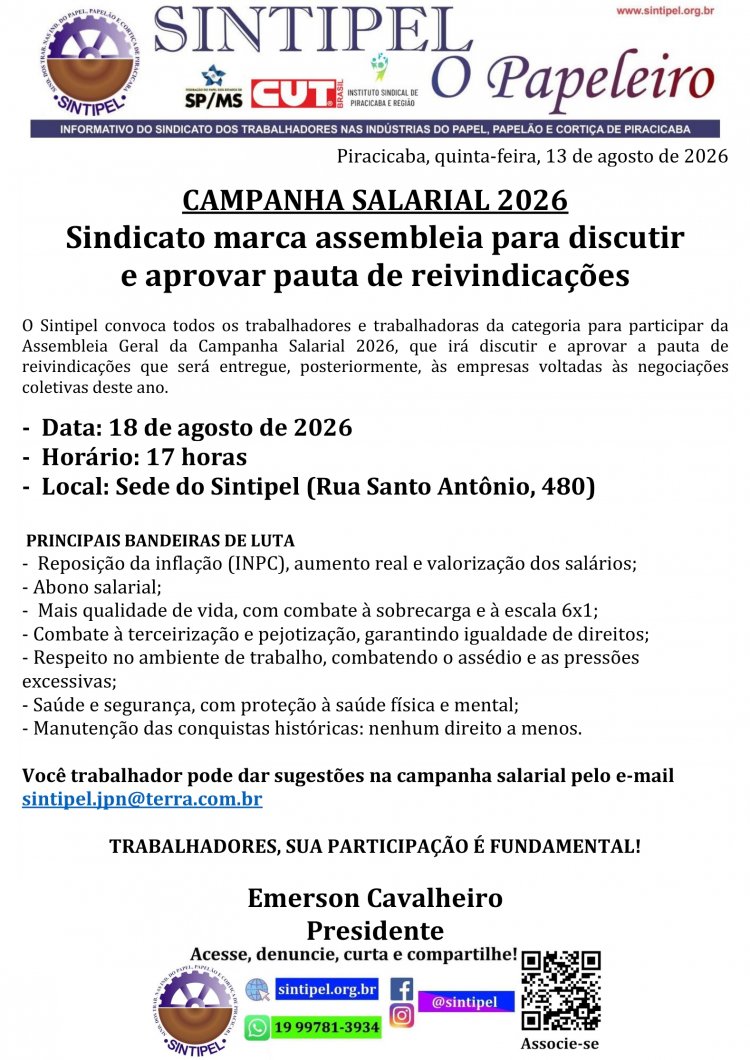 CAMPANHA SALARIAL 2026 Sindicato marca assembleia para discutir e aprovar pauta de reivindicações