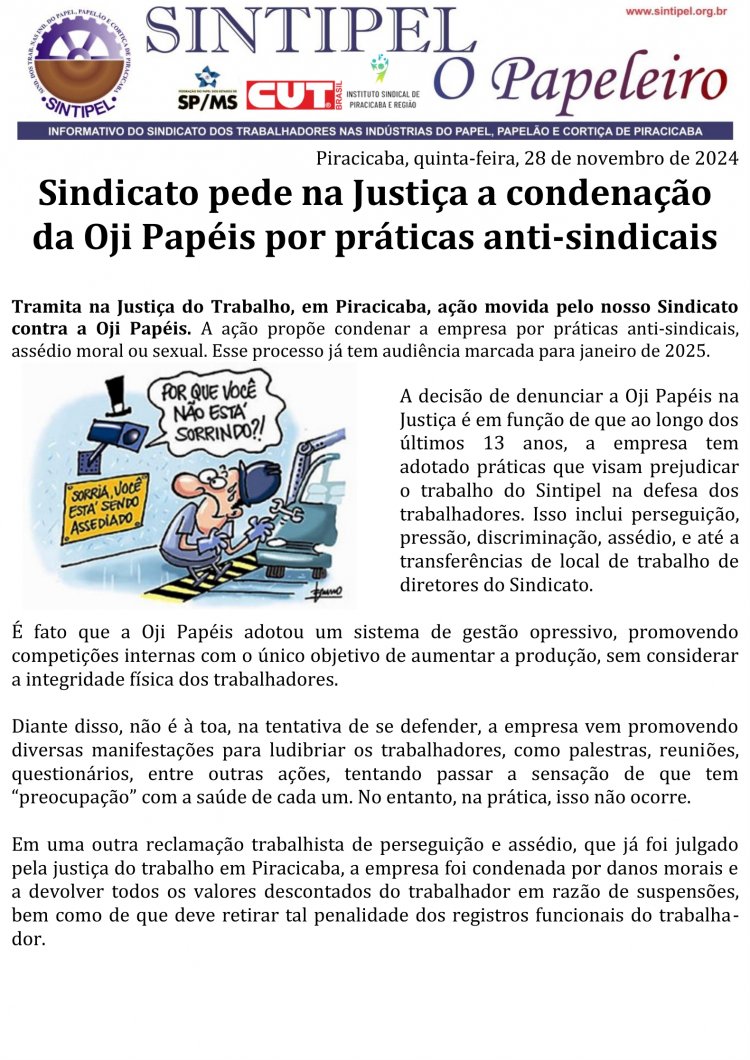 Sindicato pede na Justiça a condenação da Oji Papéis por práticas