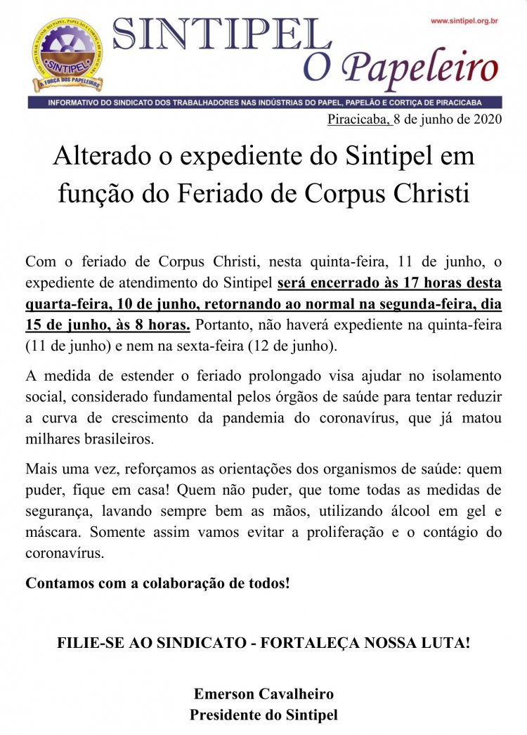 Alterado o expediente do Sintipel em função do Feriado de Corpus Christi