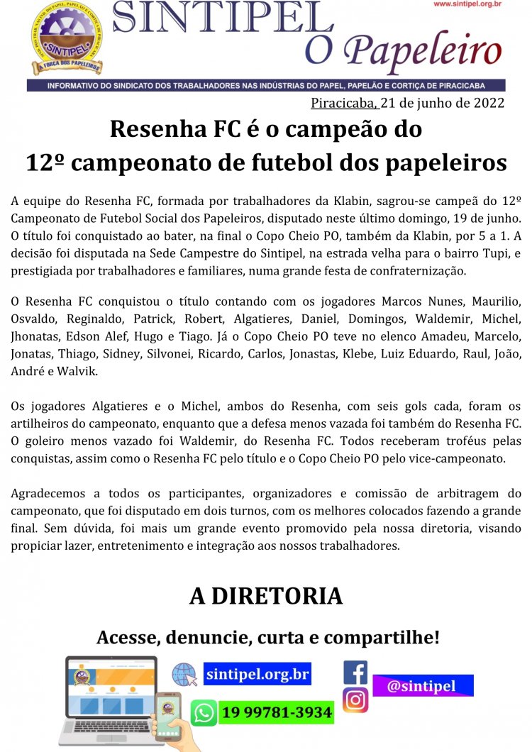 Resenha FC é o campeão do 12º campeonato de futebol dos papeleiros