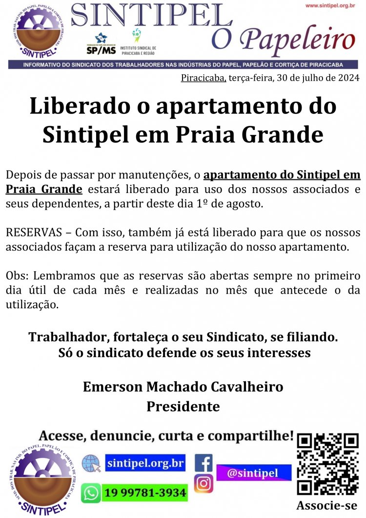 Liberado o apartamento do Sintipel em Praia Grande