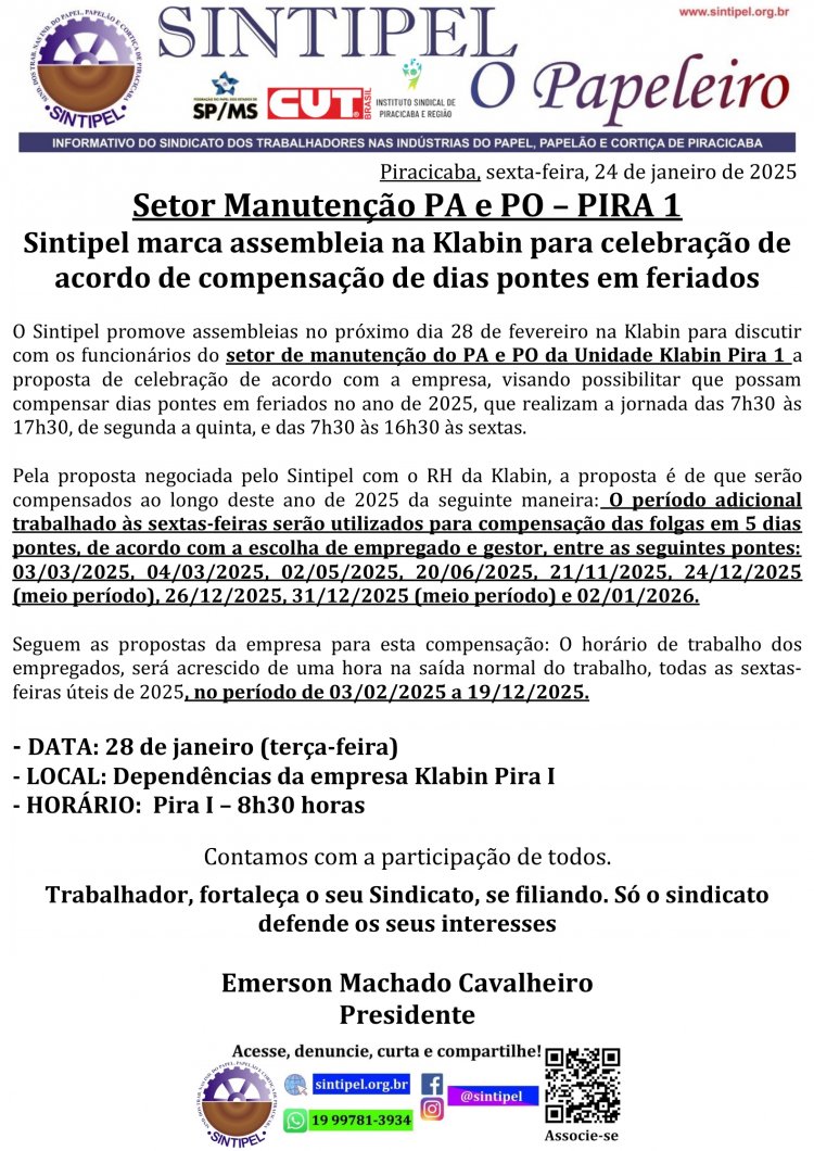 Setor Manutenção PA e PO ? PIRA 1  Sintipel marca assembleia na Klabin para celebração de