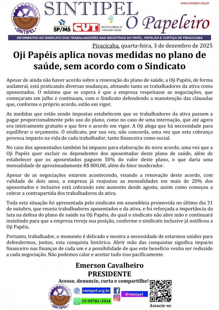 Oji Papéis aplica novas medidas no plano de saúde, sem acordo com o Sindicato 