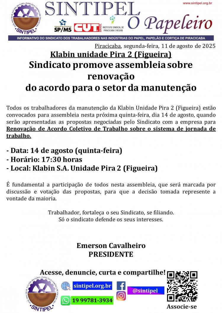Klabin unidade Pira 2 (Figueira) Sindicato promove assembleia sobre renovação do acordo para o setor da manutenção