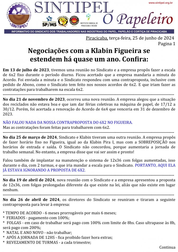 Negociações com a Klabin Figueira se estendem há quase um ano.