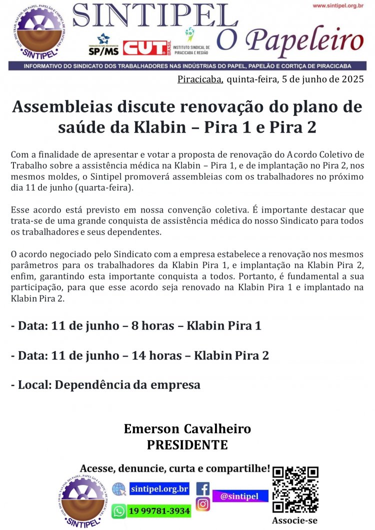 Assembleias discute renovação do plano de saúde da Klabin ? Pira 1 e Pira 2