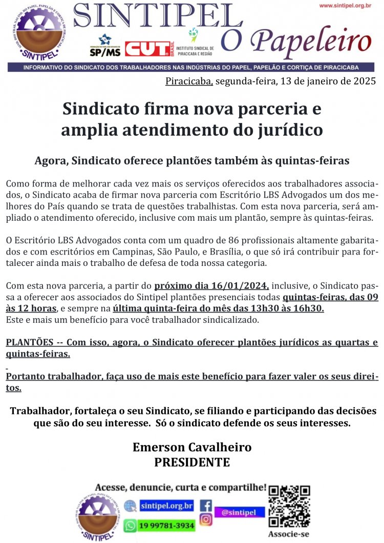 Sindicato firma nova parceria e amplia atendimento do jurídico