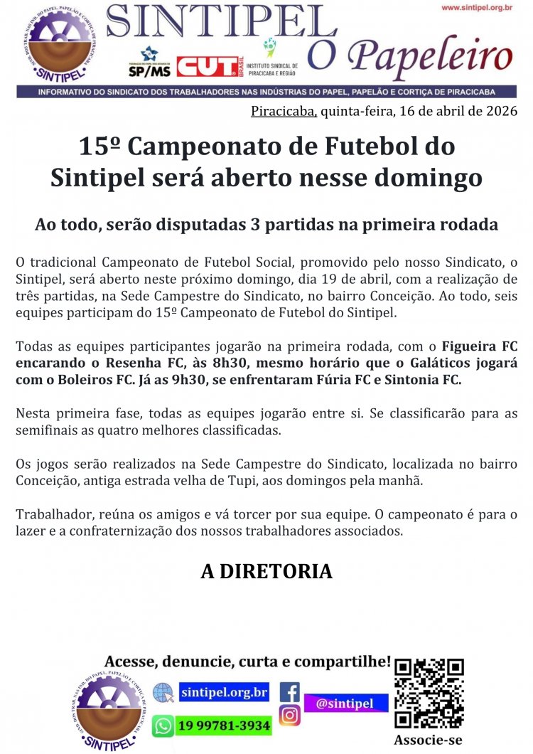 15º Campeonato de Futebol do Sintipel será aberto nesse domingo