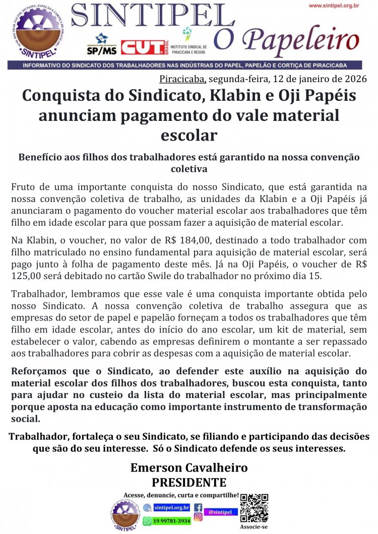 Conquista do Sindicato, Klabin e Oji Papéis anunciam pagamento do vale material escolar