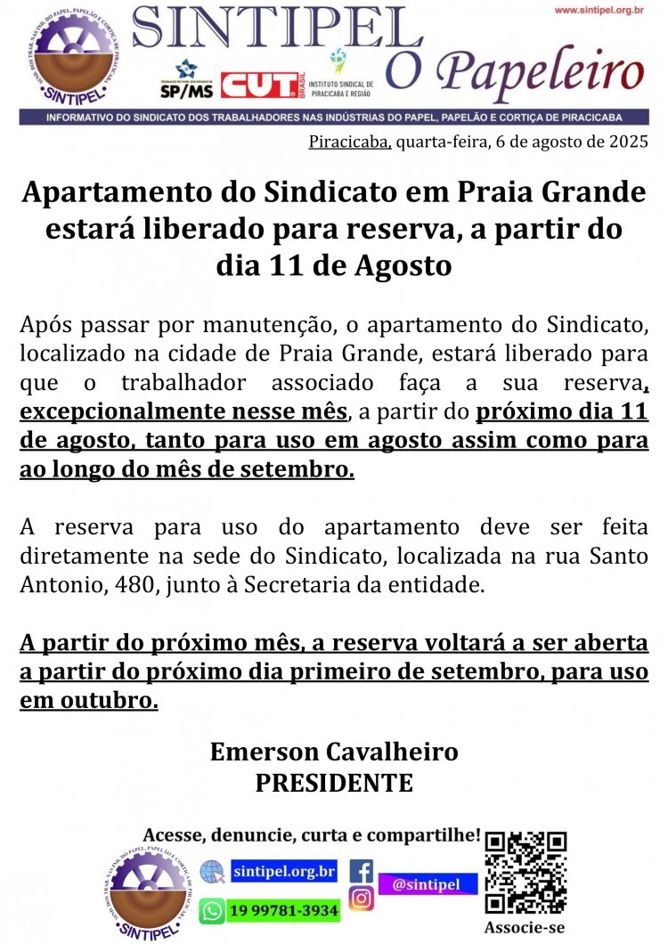 Apartamento do Sindicato em Praia Grande estará liberado para reserva, a partir do dia 11 de Agosto