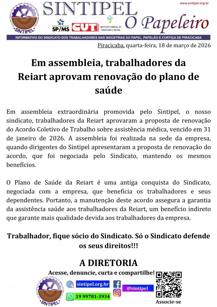 Em assembleia, trabalhadores da Reiart aprovam renovação do plano de saúde