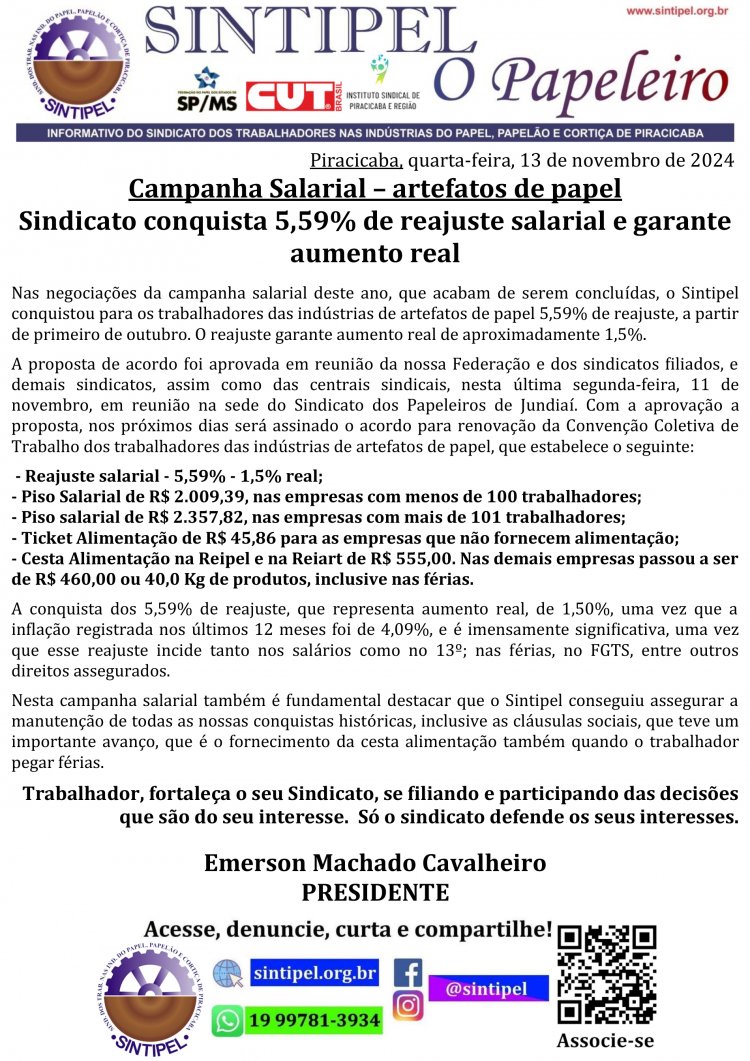 Campanha Salarial ? artefatos de papel  Sindicato conquista 5,59% de reajuste salarial e garante aumento real