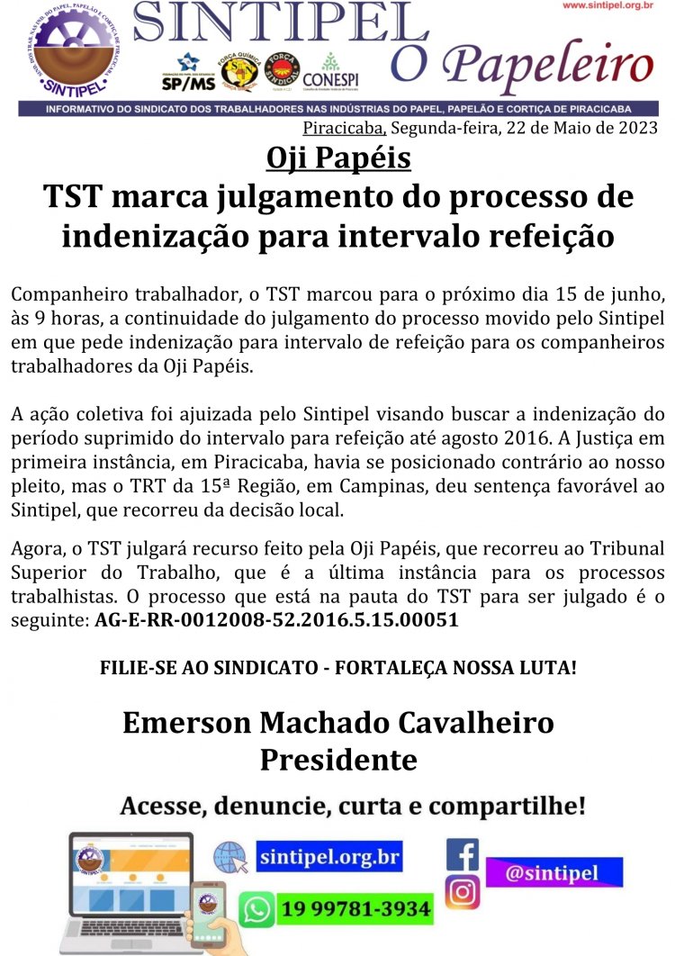 TST marca julgamento do processo de indenização para intervalo