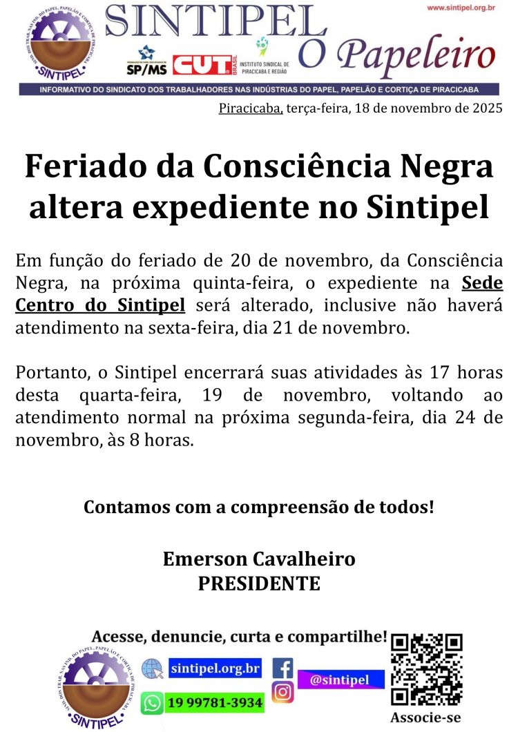 Feriado da Consciência Negra altera expediente no Sintipel
