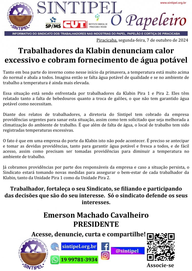 Trabalhadores da Klabin denunciam calor excessivo e cobram