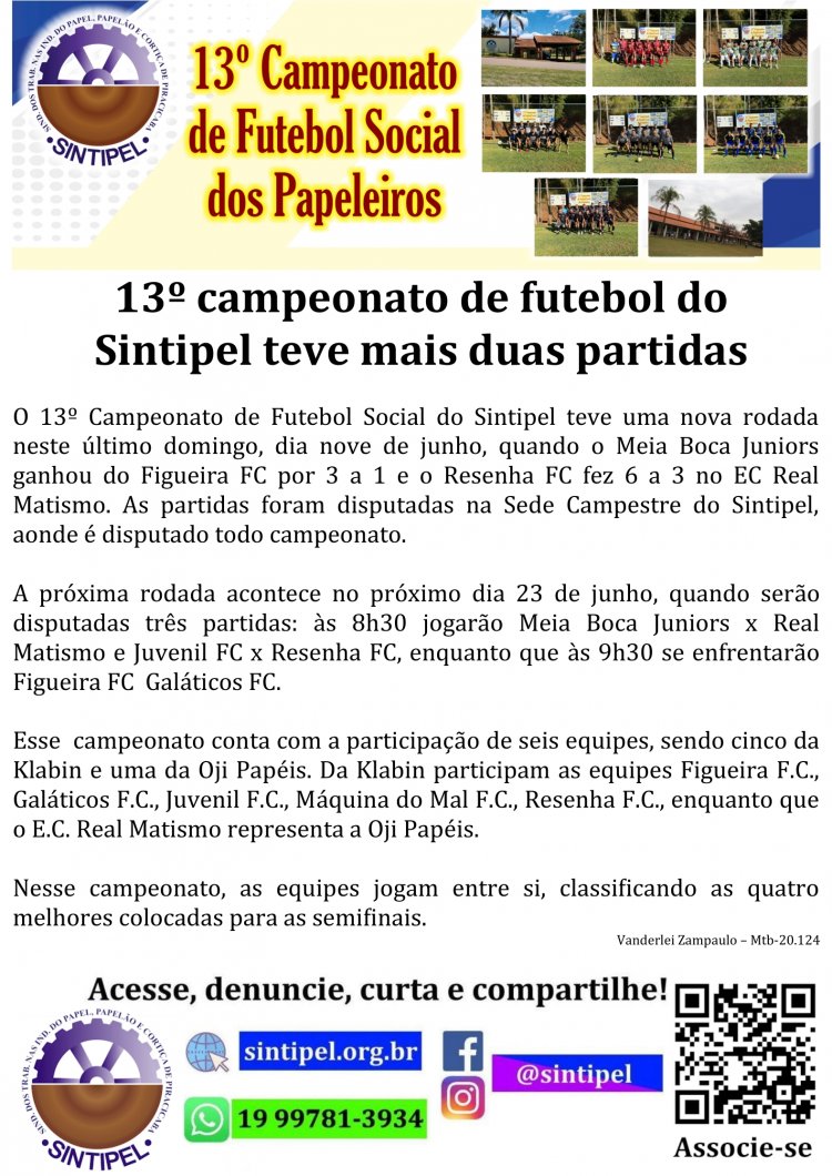13º campeonato de futebol do Sintipel teve mais duas partidas