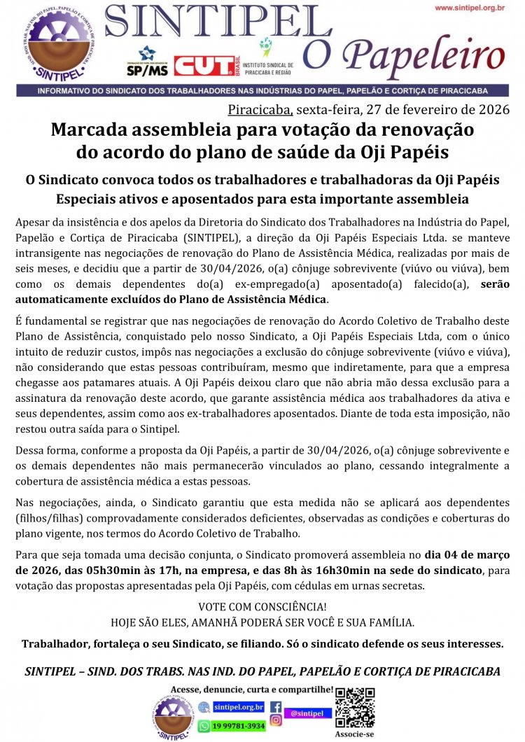 Marcada assembleia para votação da renovação do acordo do plano de saúde da Oji Papéis