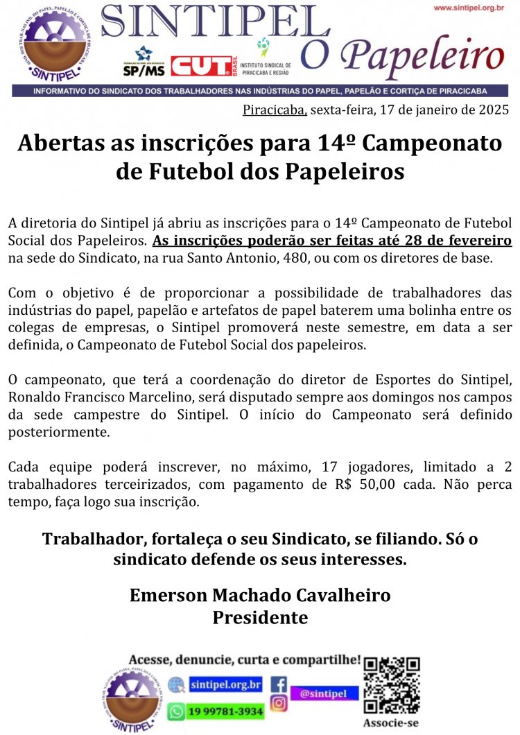 Abertas as inscrições para 14º Campeonato de Futebol dos Papeleiros