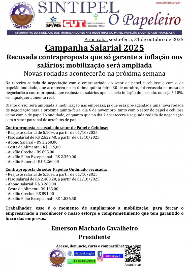 Campanha Salarial 2025 Recusada contraproposta que só garante a inflação nos salários;