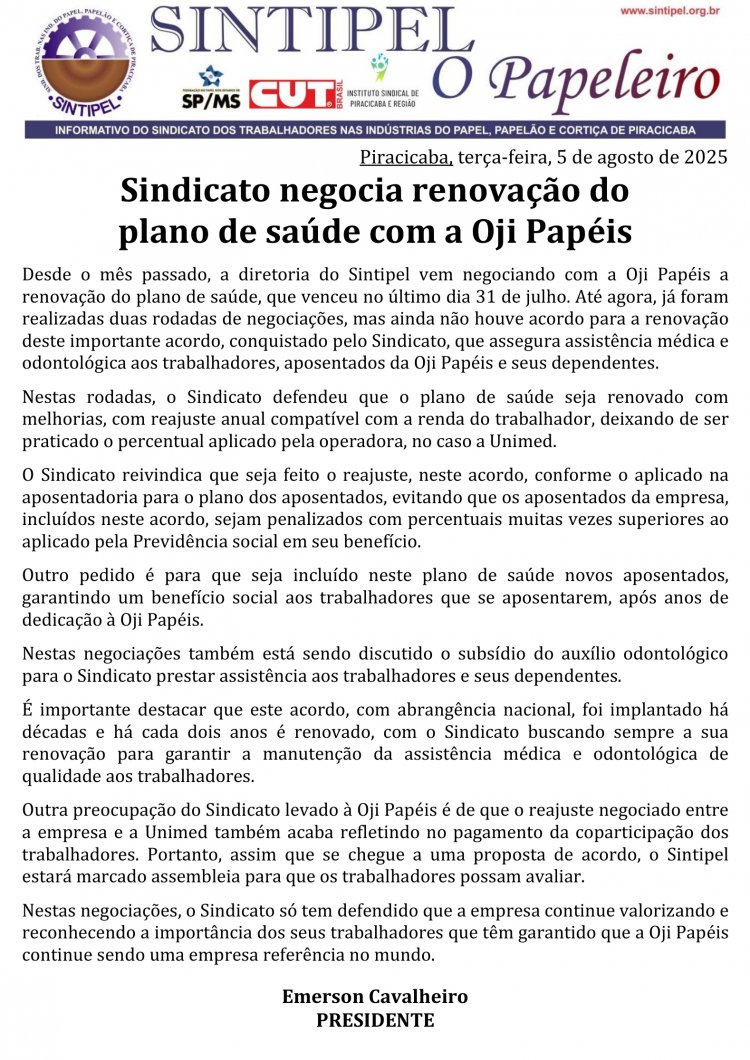 Sindicato negocia renovação do plano de saúde com a Oji Papéis