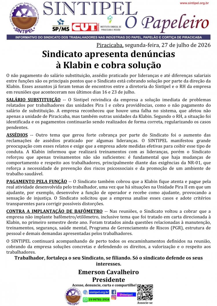 Sindicato apresenta denúncias à Klabin e cobra