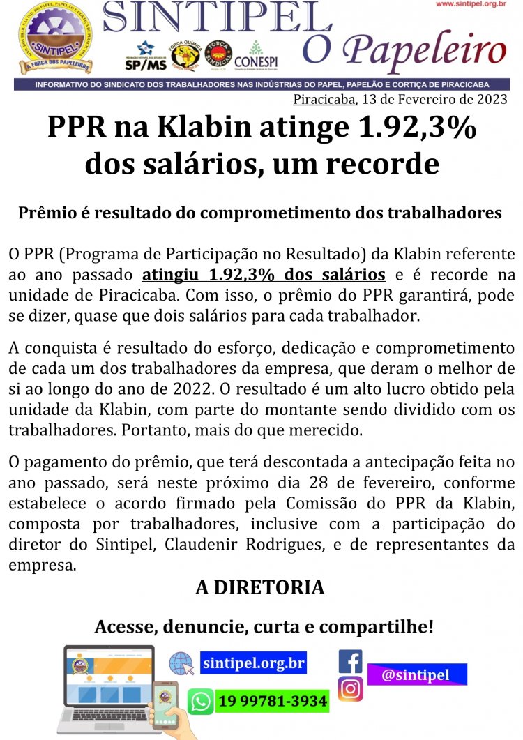 PPR na Klabin atinge 1.92,3% dos salários, um recorde