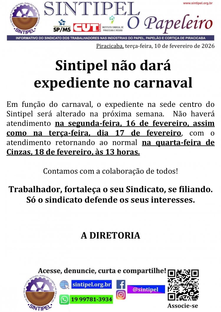 Sintipel não dará expediente no carnaval 
