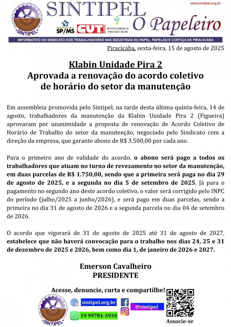 Klabin Unidade Pira 2 Aprovada a renovação do acordo coletivo de