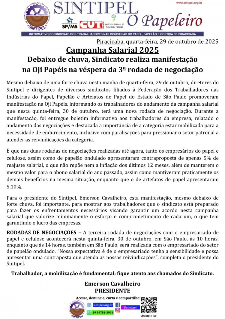 Campanha Salarial 2025 Debaixo de chuva, Sindicato realiza manifestação na Oji