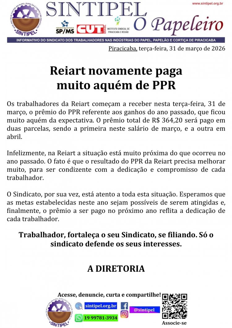 Reiart novamente paga muito aquém de PPR
