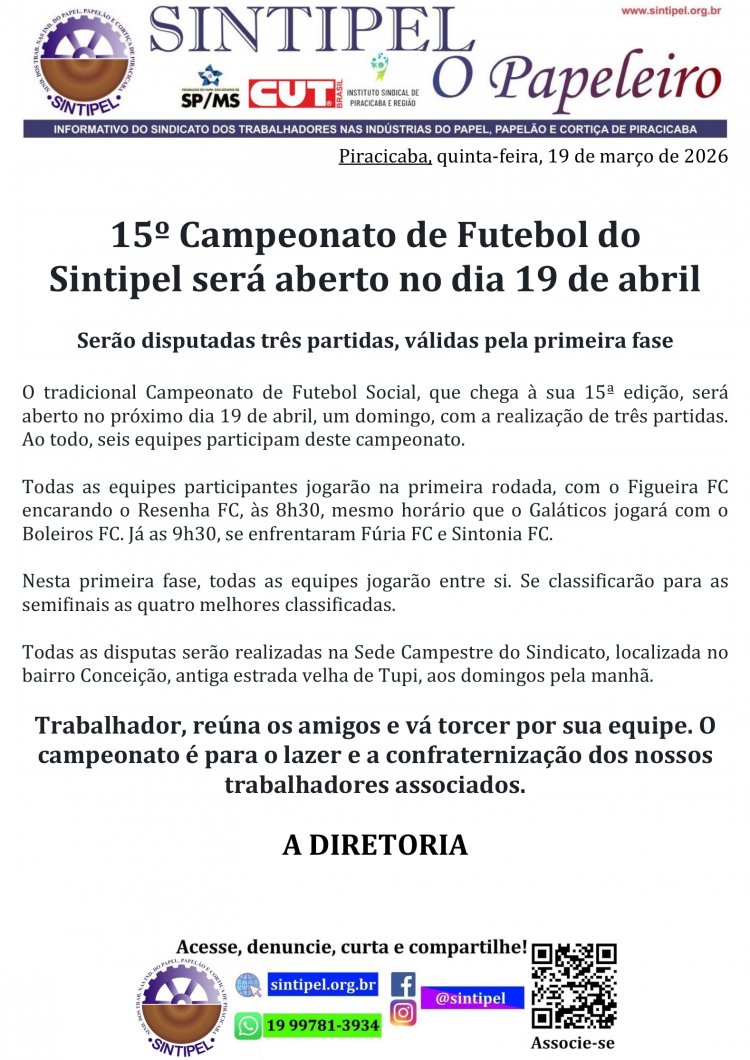 15º Campeonato de Futebol do Sintipel será aberto no dia 19 de abril