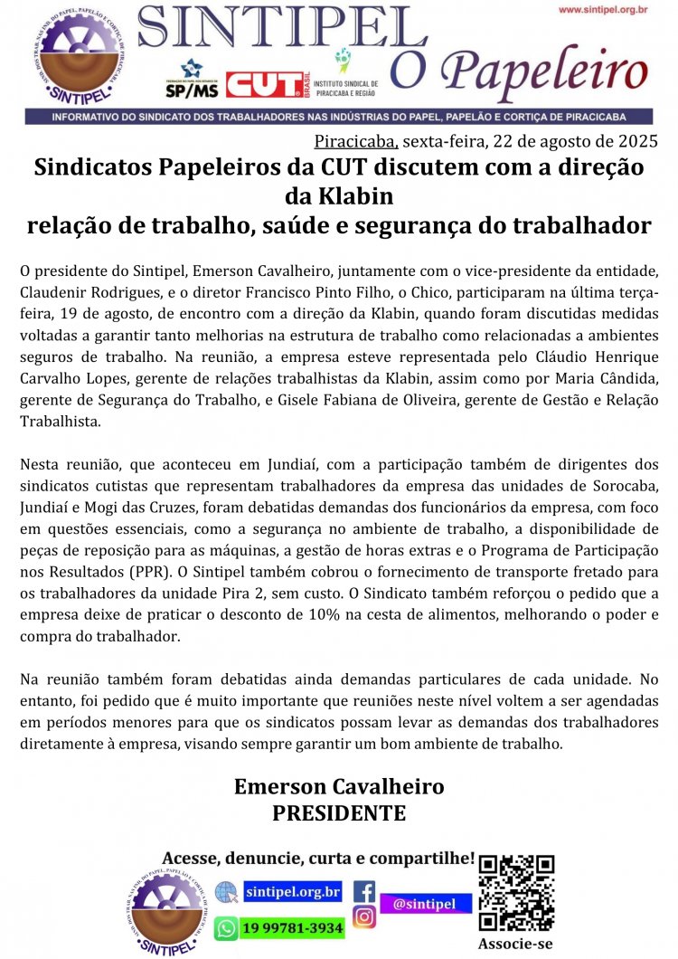 Sindicatos Papeleiros da CUT discutem com a direção da Klabin relação de trabalho, saúde e segurança do trabalhador