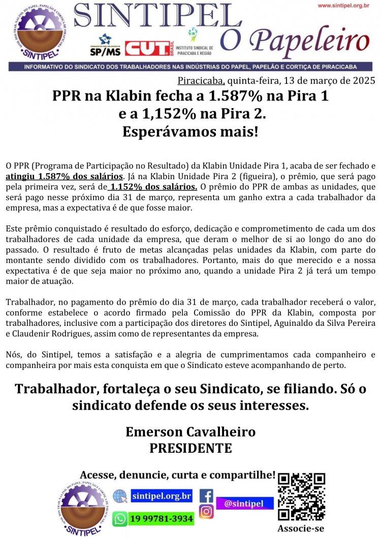 PPR na Klabin fecha a 1.587% na Pira 1 e a 1,152% na Pira 2.  Esperávamos mais!