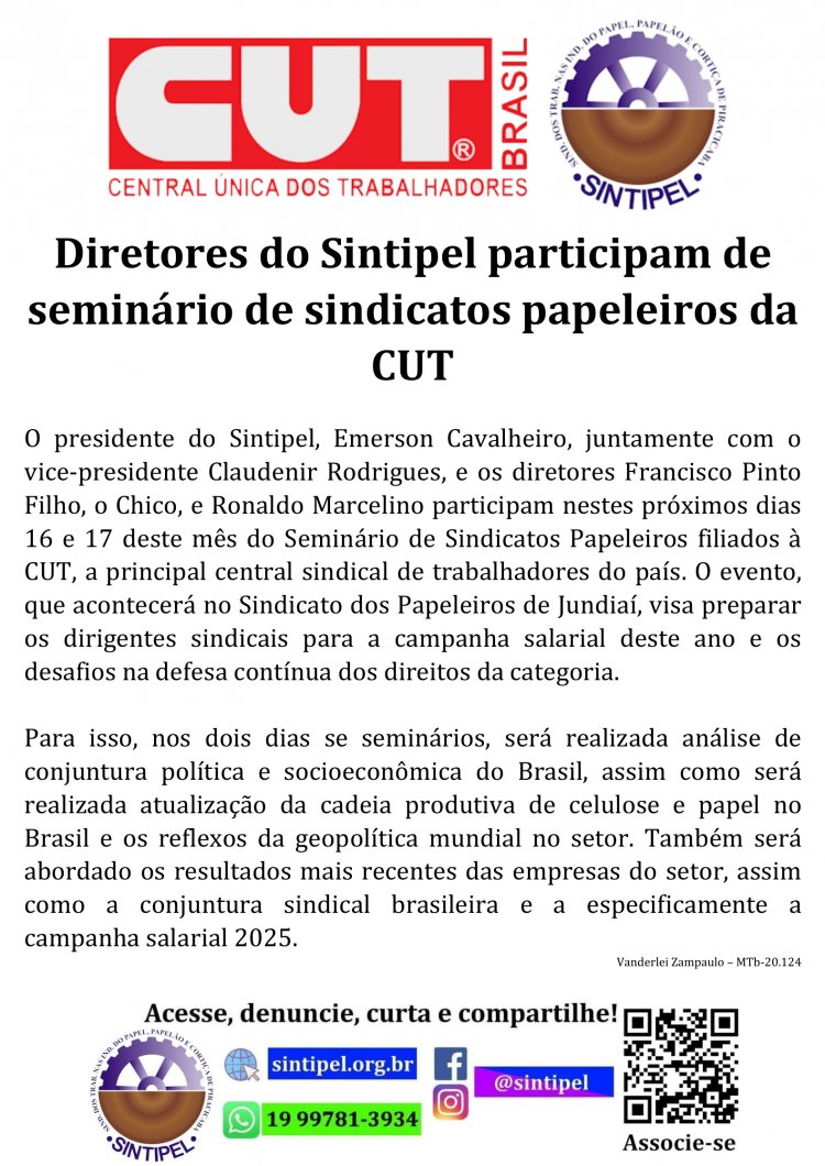 Diretores do Sintipel participam de seminário de sindicatos papeleiros da CUT